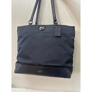 Coach Nylon Turnlock Tote Bag with Pebble Leather Trim (Style F57903)